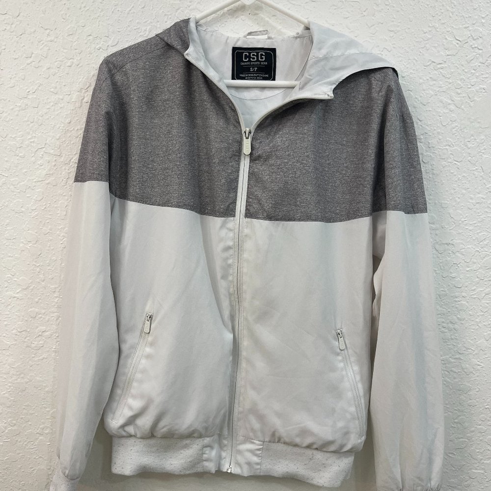 Men CSG Long Sleeve Full Zip Outsider Hooded White Windbreaker Jacket SMALL